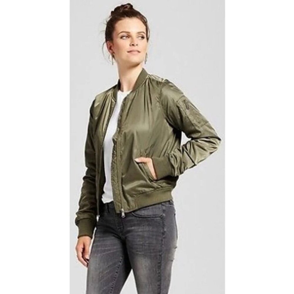 NWT Xhilaration Bomber Full Zip Jacket Quilted Lining Olive Green Juniors Large